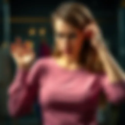 A woman looks frustrated while trying on a cute top with lines placed above her breast, contemplating fashion choices