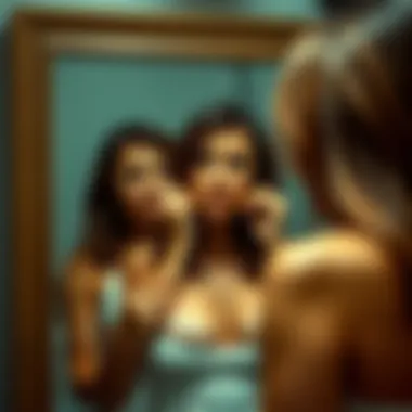 A woman stands in front of a mirror, appearing thoughtful about her body image, focusing on her breast area. She shows a mix of emotions, including confusion and concern.