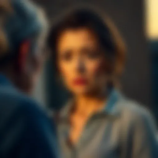 A woman looking worried while talking to an elderly neighbor about car insurance