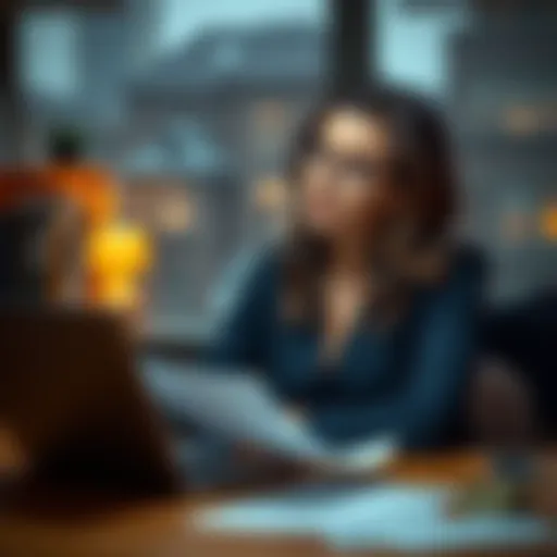 A woman sitting at a table with a laptop, looking thoughtfully at property papers and a Bitcoin logo on the screen.