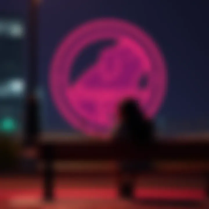 A woman sits alone on a bench, looking pensive and sad, with a Dogecoin logo in the background, symbolizing her emotional struggles with love and cryptocurrency.