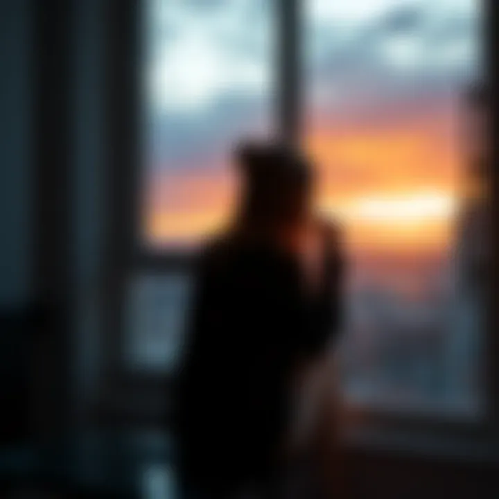 A woman reflecting by a window A woman sits by a window, looking thoughtfully outside as she contemplates her journey of self-discovery and emotional growth.