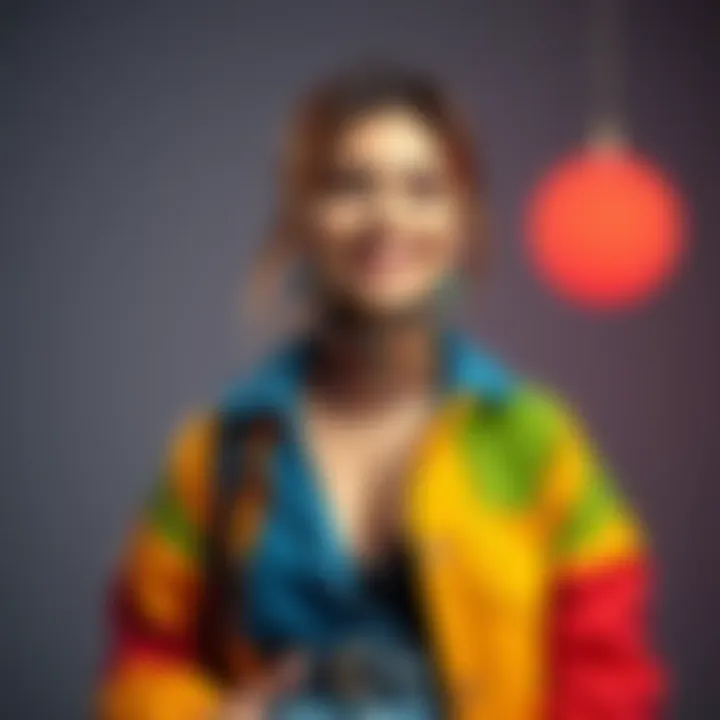 A woman poses confidently in a colorful outfit, showcasing her personal style and expressing self-love with a bright smile.