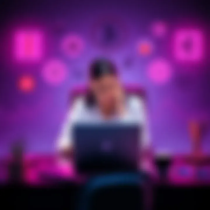 A woman sitting at a desk with a laptop, looking confused while researching Bitcoin, surrounded by diagrams of wallets and blockchain transactions.
