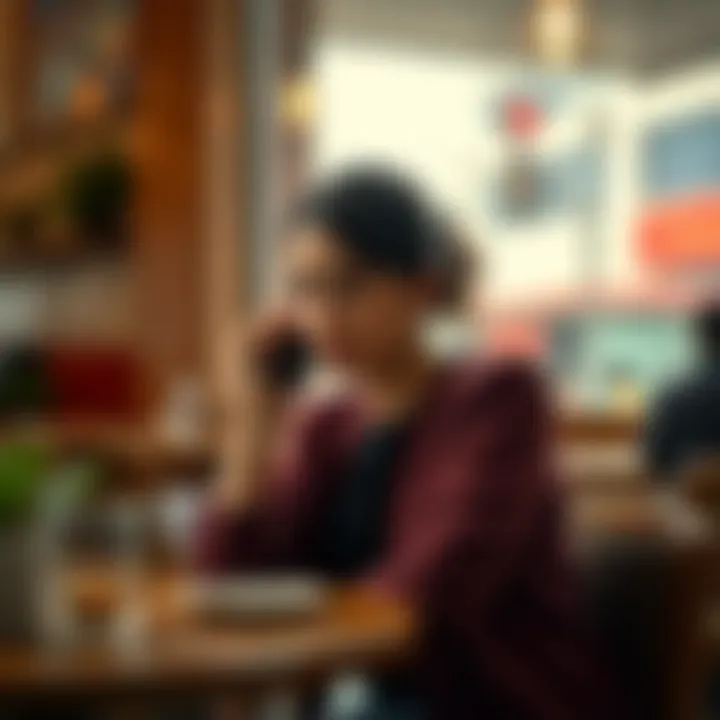 A concerned woman sitting in a cafe, talking on her phone with a worried expression, reflecting emotional distress from a scam conversation.