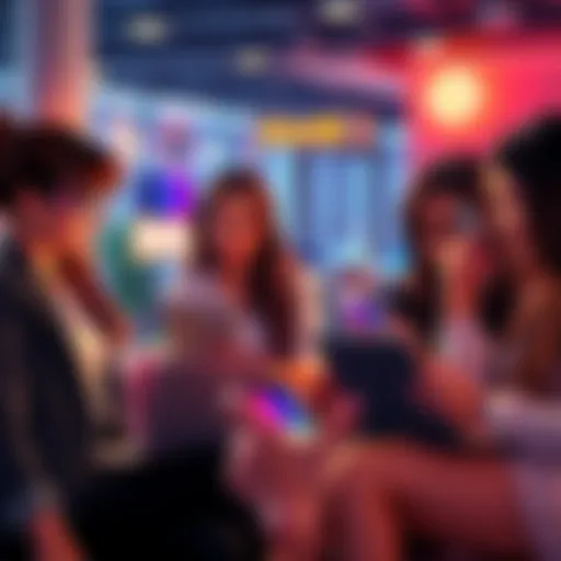 A group of women discussing Dogecoin investments with laptops and smartphones in a casual setting