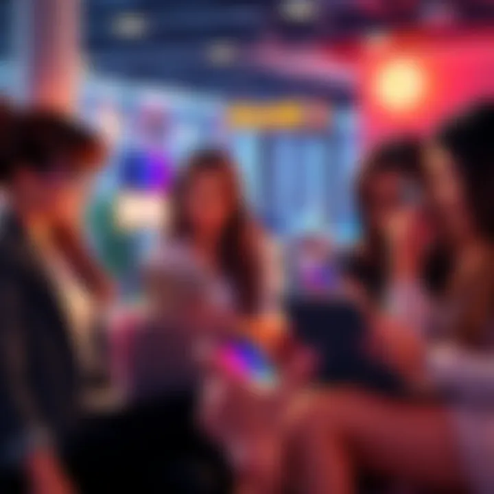A group of women discussing Dogecoin investments with laptops and smartphones in a casual setting