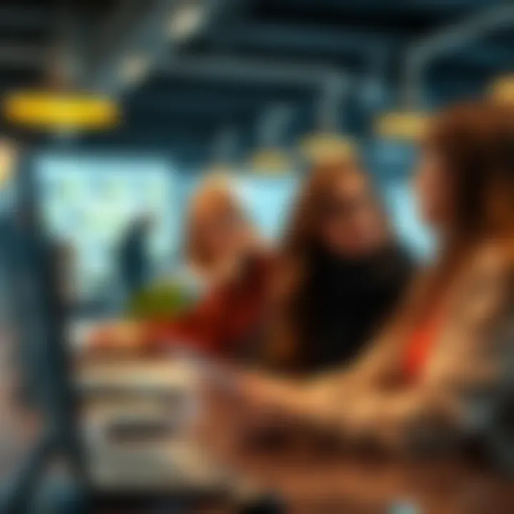 Women in Crypto A group of women discussing Bitcoin and cryptocurrencies at a modern workspace