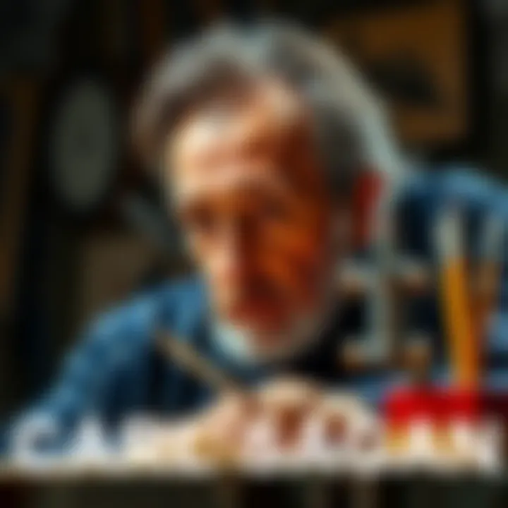 Artist working on a wooden portrait of Carl Sagan, capturing his likeness with detailed woodwork