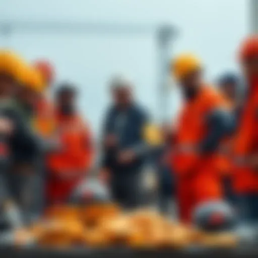 A diverse group of workers, including a plumber and a mechanic, discussing Bitcoin at a worksite, showing their support for cryptocurrency.
