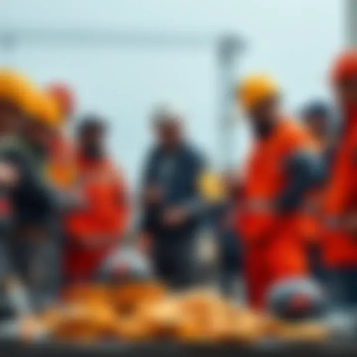 A diverse group of workers, including a plumber and a mechanic, discussing Bitcoin at a worksite, showing their support for cryptocurrency.