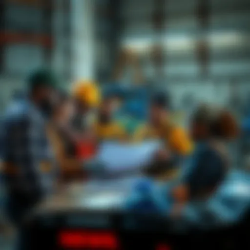 A group of diverse workers discussing plans and collaborating on a project in a workshop setting, emphasizing teamwork and honesty in labor.