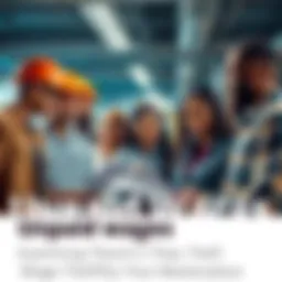 A group of diverse workers talking about unpaid wages in a workplace setting, showing concerned expressions and holding papers, symbolizing wage theft issues.