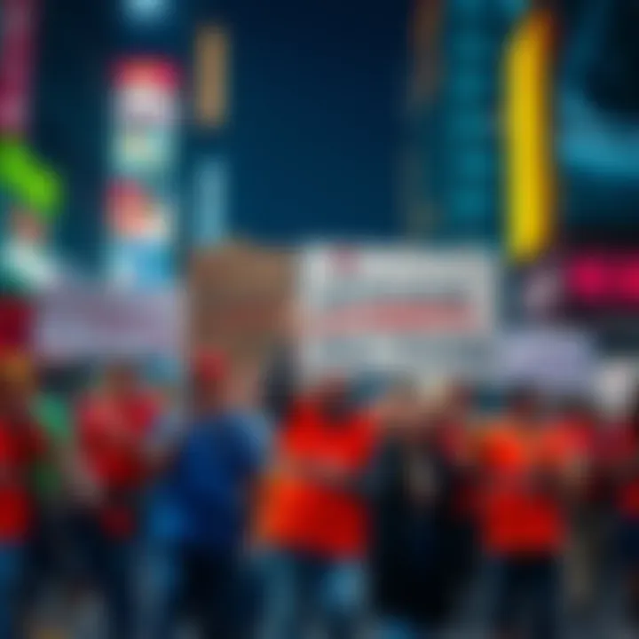 Workers on Strike Group of workers holding signs and protesting during a strike, showcasing solidarity and demands for better conditions.