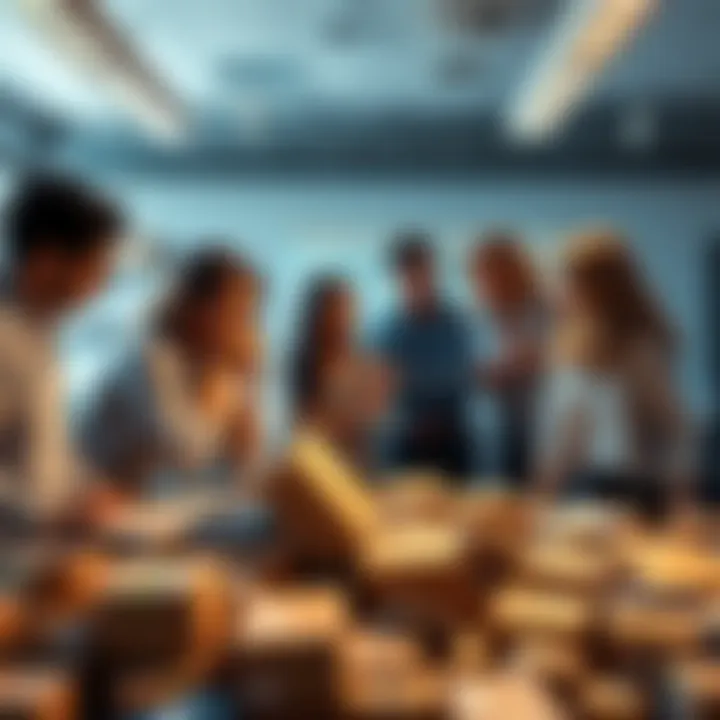 A group of coworkers discussing over a desk scattered with workplace parcels, showing a mix of emotions like concern and curiosity.