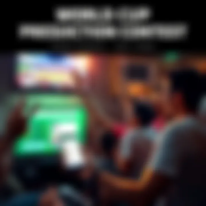 World Cup Prediction Contest A group of excited fans celebrating while watching a World Cup match on TV, with a scoreboard and prediction entries on a mobile app