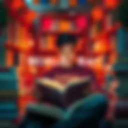 A person reading a book surrounded by colorful books and decorations for World Book Day