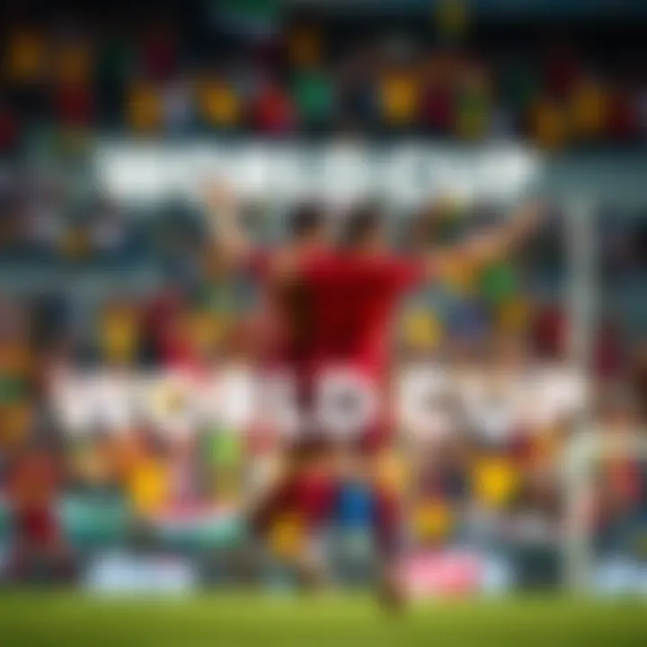 Players celebrating a goal during the World Cup, with fans cheering in the background.