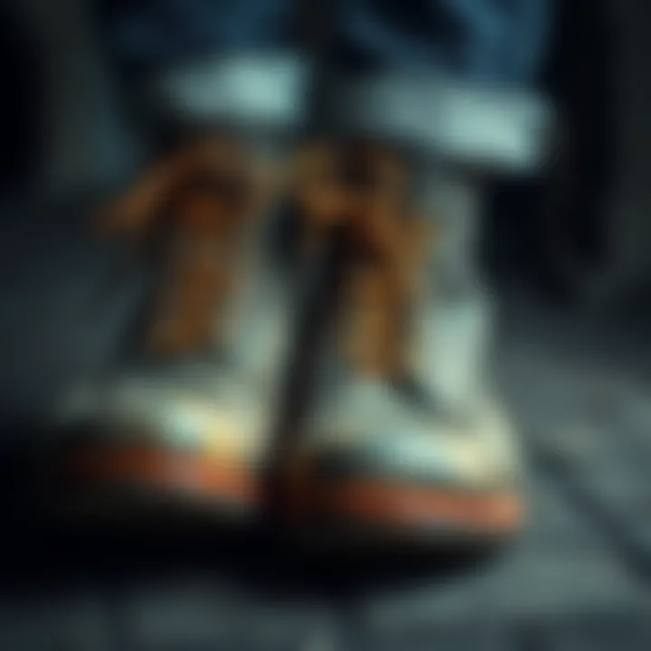 Close-up of feet wearing worn and scuffed boots, showing signs of discomfort