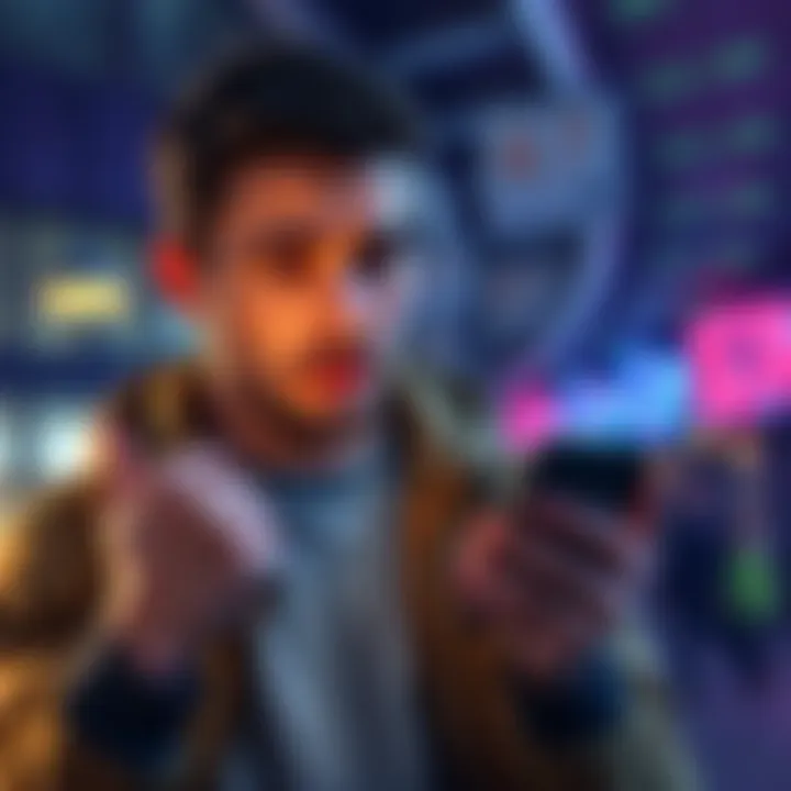 A concerned man holding his smartphone, looking at cryptocurrency data with a worried expression, reflecting the anxiety of falling victim to a scam