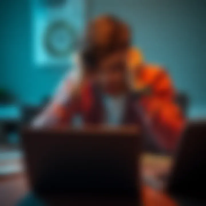 A 22-year-old man sitting at a table with his head in his hands, surrounded by bills and a laptop, indicating a financial crisis due to crypto losses.