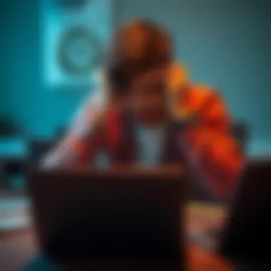 Young man looking worried about finances A 22-year-old man sitting at a table with his head in his hands, surrounded by bills and a laptop, indicating a financial crisis due to crypto losses.