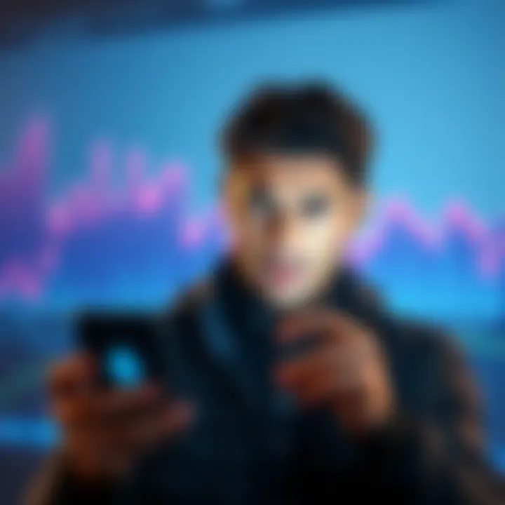 An Ethereum investor looking concerned while checking their portfolio on a smartphone, with a graph showing a downward trend in the background.