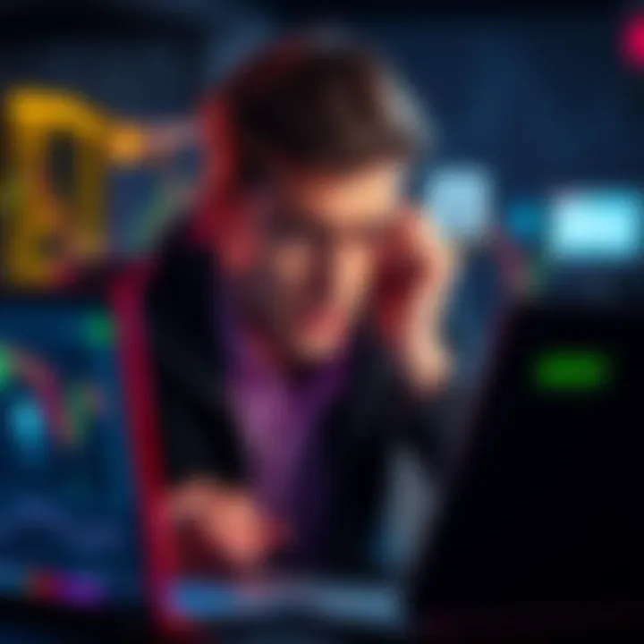 An anxious person looking at a laptop screen showing a declining crypto market with a worried expression