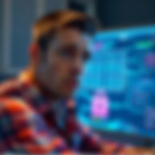 A man with a worried expression, staring at a computer screen displaying a locked digital wallet, symbolizing the loss of access to Bitcoin fortune