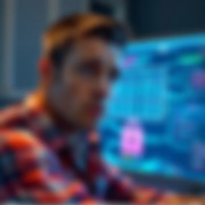 A man with a worried expression, staring at a computer screen displaying a locked digital wallet, symbolizing the loss of access to Bitcoin fortune
