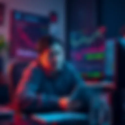 A worried person sitting at a desk, checking financial charts related to Ethereum, showing expressions of concern about investments.