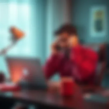 A frustrated person sitting at a desk with a laptop, looking concerned about their closed bank account and denied application, holding a phone to their ear.