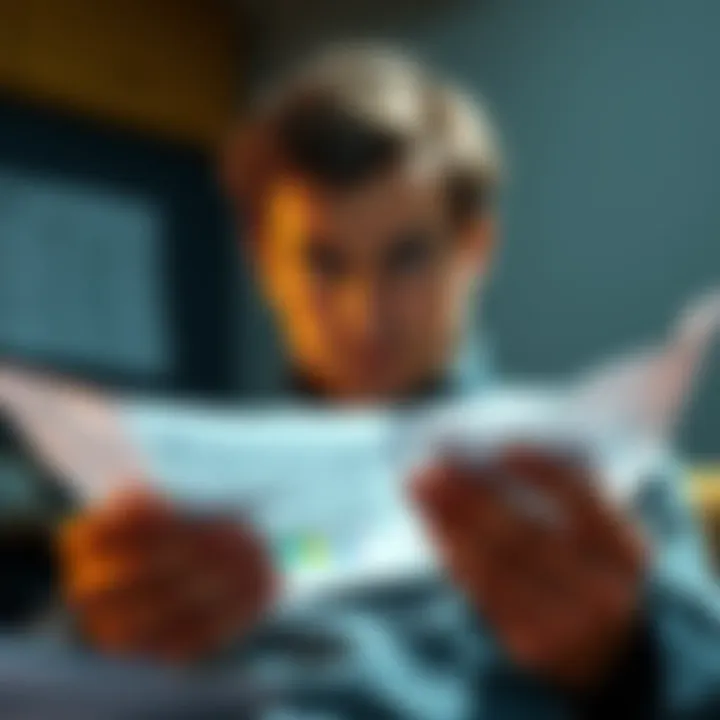 A person with a worried expression reviewing their bills and financial statements