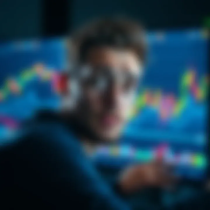Individual with a worried expression watching a Bitcoin price chart on a computer screen