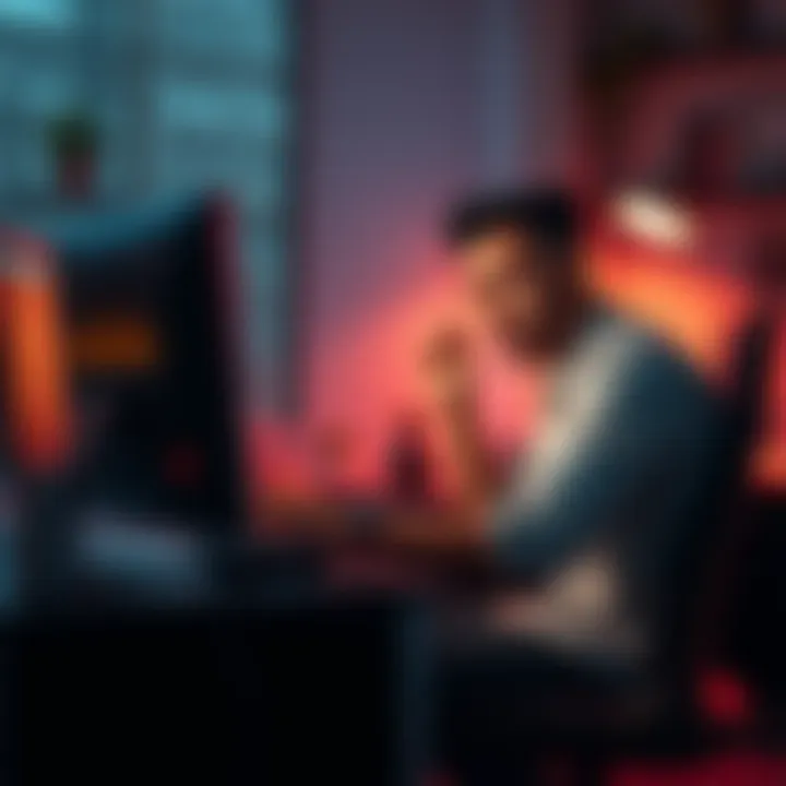 Individual sitting at a desk with a concerned expression, checking their computer for updates about a closed account and missing funds