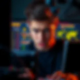 A concerned individual looking at a computer screen displaying cryptocurrency prices and scam warnings