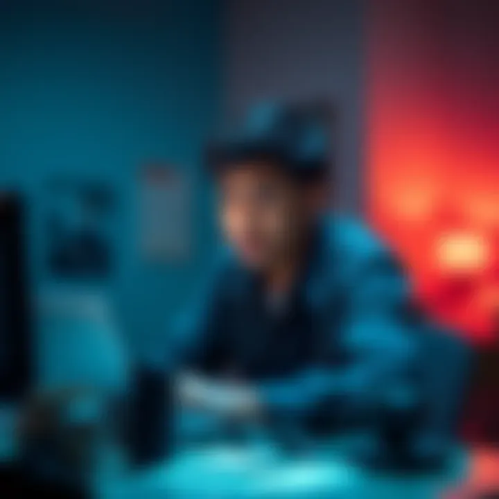 A person sitting at a desk, looking anxious while reading guidelines on a laptop screen related to online behavior and forum rules