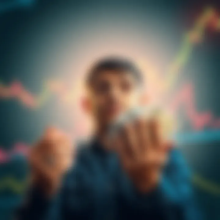 Person looking worried with money in hand A concerned individual holding cash, contemplating risky investments, with graphs indicating market fluctuations in the background.