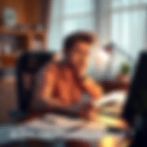 A person sitting at a desk, looking at their laptop with a worried expression, contemplating an online job offer, surrounded by papers and a phone