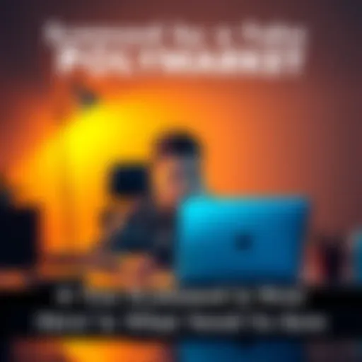 A worried person sitting at a desk with a laptop, concerned after realizing they may have been scammed by a fake website.