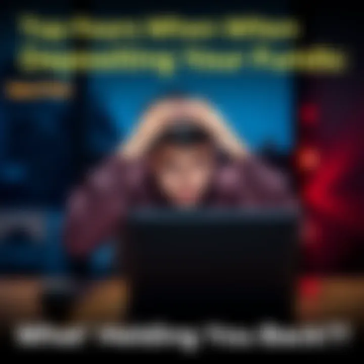 Person looking worried about money A person sitting at a table with a laptop, looking stressed while holding their head in their hands, symbolizing concerns about depositing money
