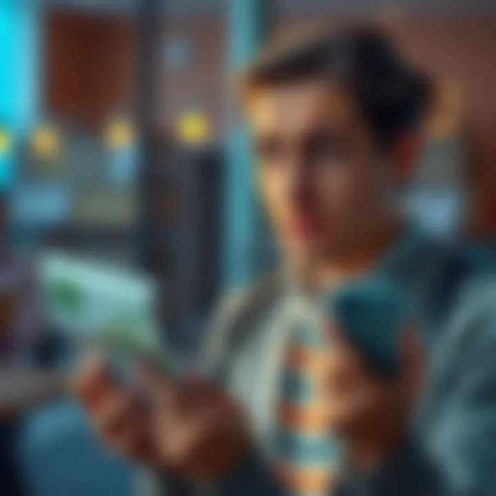 A worried person holding a phone while looking at a bank statement, indicating a money transfer mistake.