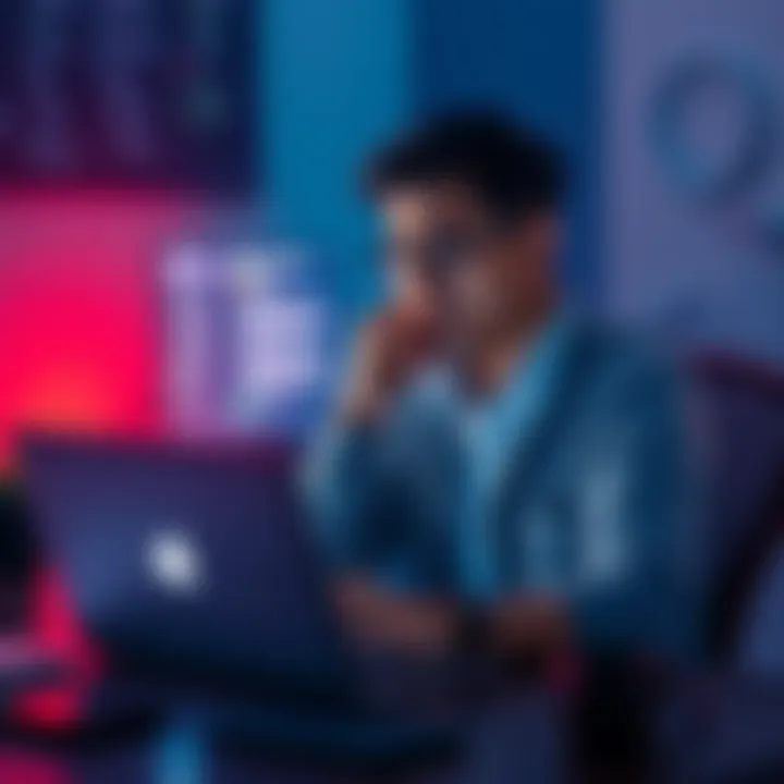 A person sitting at a laptop with a concerned expression, looking at software update notifications, surrounded by tech items