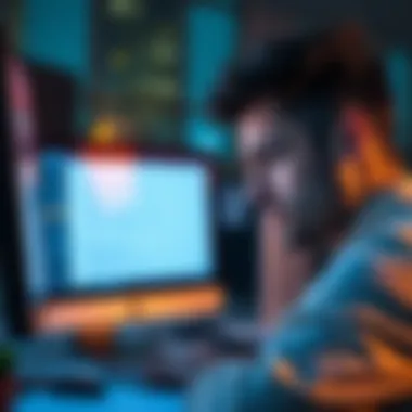A concerned individual staring at a computer screen with survey questions, contemplating their answers.