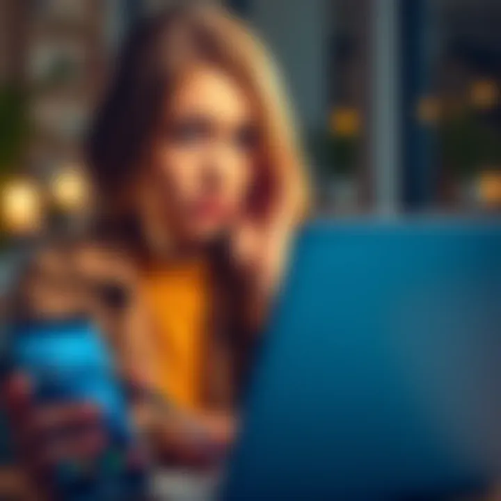A woman looking worried while checking her Bitcoin investment on a laptop, with a phone beside her displaying messages about fees.
