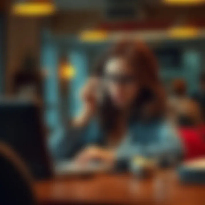 Worried woman on the phone A concerned woman sitting at a table, looking anxious while talking on the phone, expressing distress about her missing funds