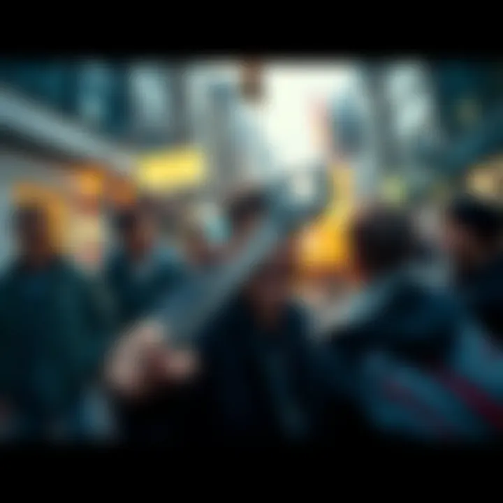 A person holding a wrench during a violent altercation in an urban setting, with onlookers in shock.