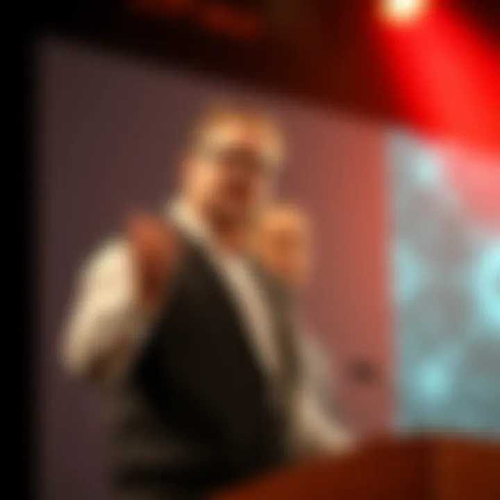 A man standing at a podium, gesturing as he speaks about artificial intelligence, with a serious expression on his face.