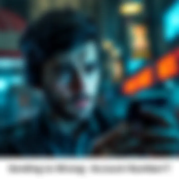 Wrong Account Transfer A worried person looking at a phone screen showing a banking app, concerned about transferring money to the wrong account.