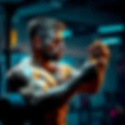 A strong athlete in a gym, contemplating his actions while holding a weight in one hand and looking at a steroid bottle with concern.